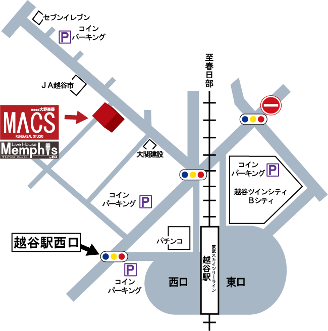 大野楽器越谷店の地図です。東武スカイツリーライン越谷駅西口から徒歩五分